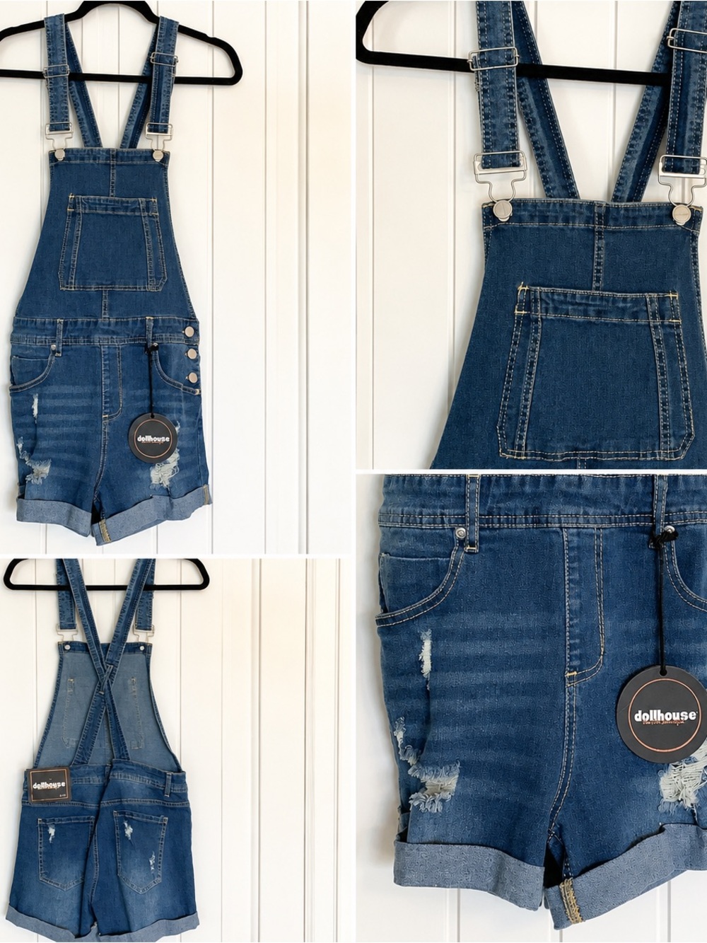 Dollhouse Blue Distressed Denim Short Overalls